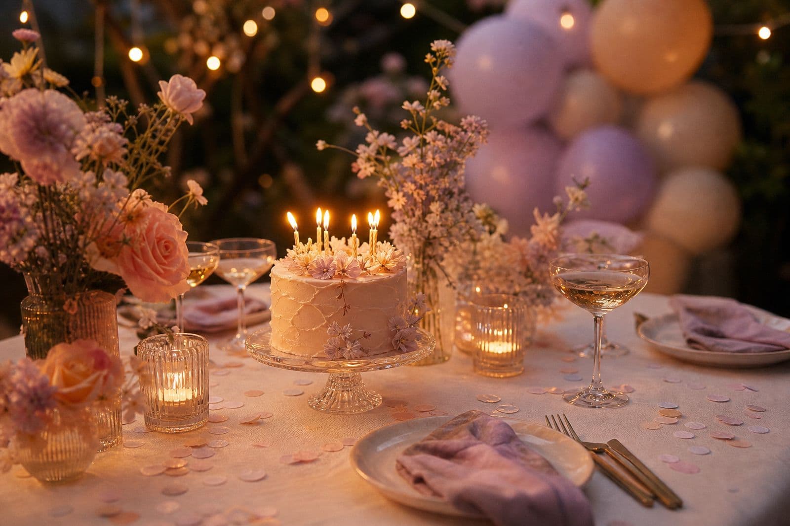Table d’anniversaire éclairée aux bougies, gâteau et ballons pastel