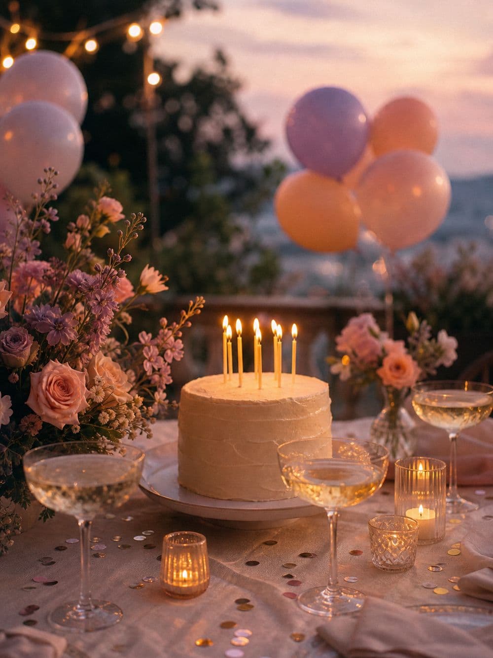 Gâteau d’anniversaire aux bougies, ballons pastel et guirlandes lumineuses