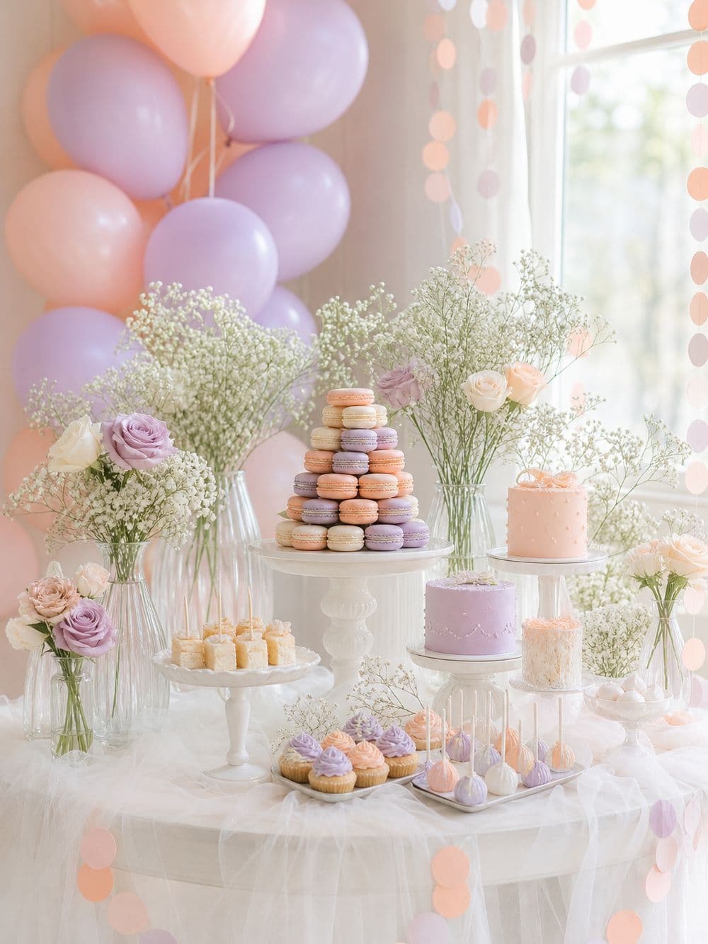 Table gourmande d’une baby-shower avec macarons et ballons pastel