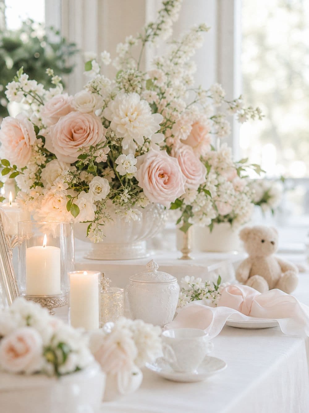 Table de baptême dressée en blanc et rose poudré, fleurs et bougies