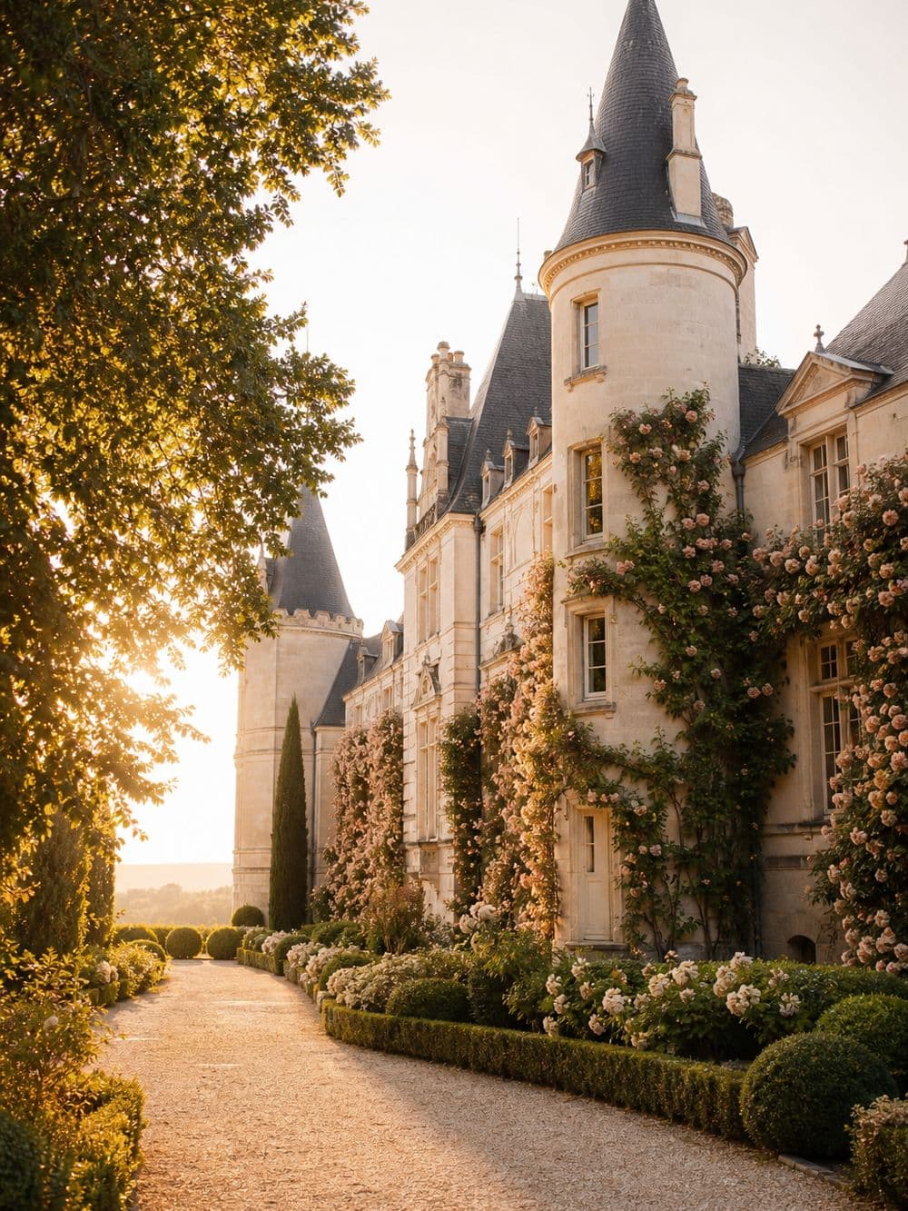 Château de réception vu depuis une allée de gravier à l’heure dorée