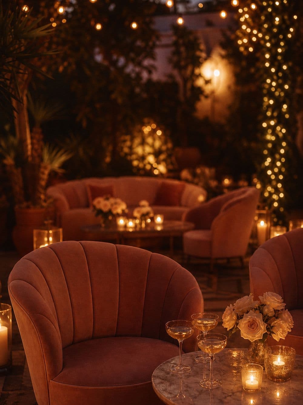 Salon de soirée privée éclairé aux bougies et guirlandes lumineuses