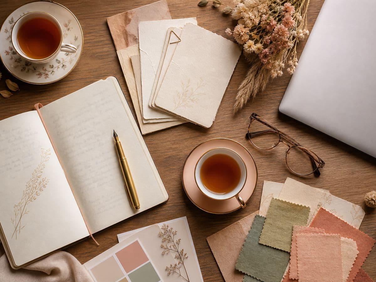 Moodboard rendez-vous conseils : carnet, thé et échantillons de couleurs