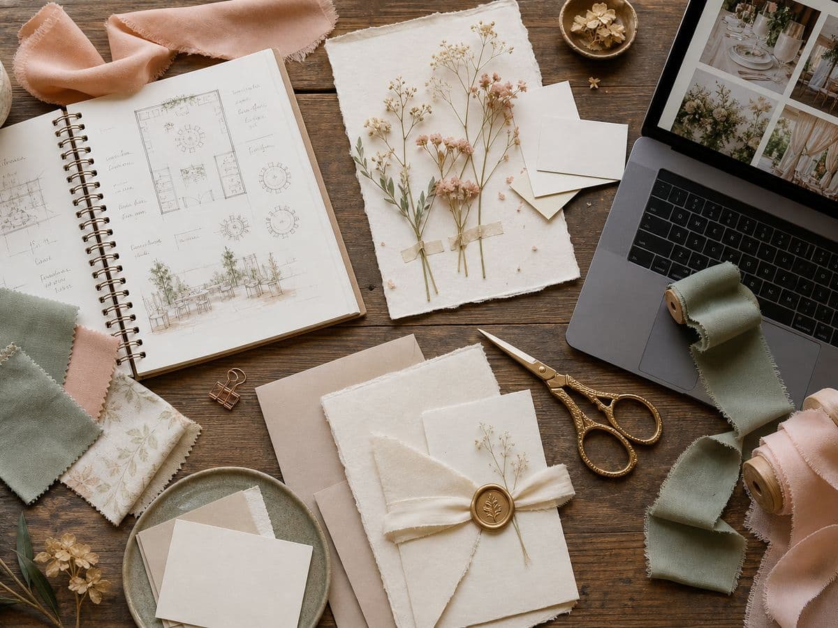 Moodboard organisation partielle : carnet, échantillons et papeterie de mariage