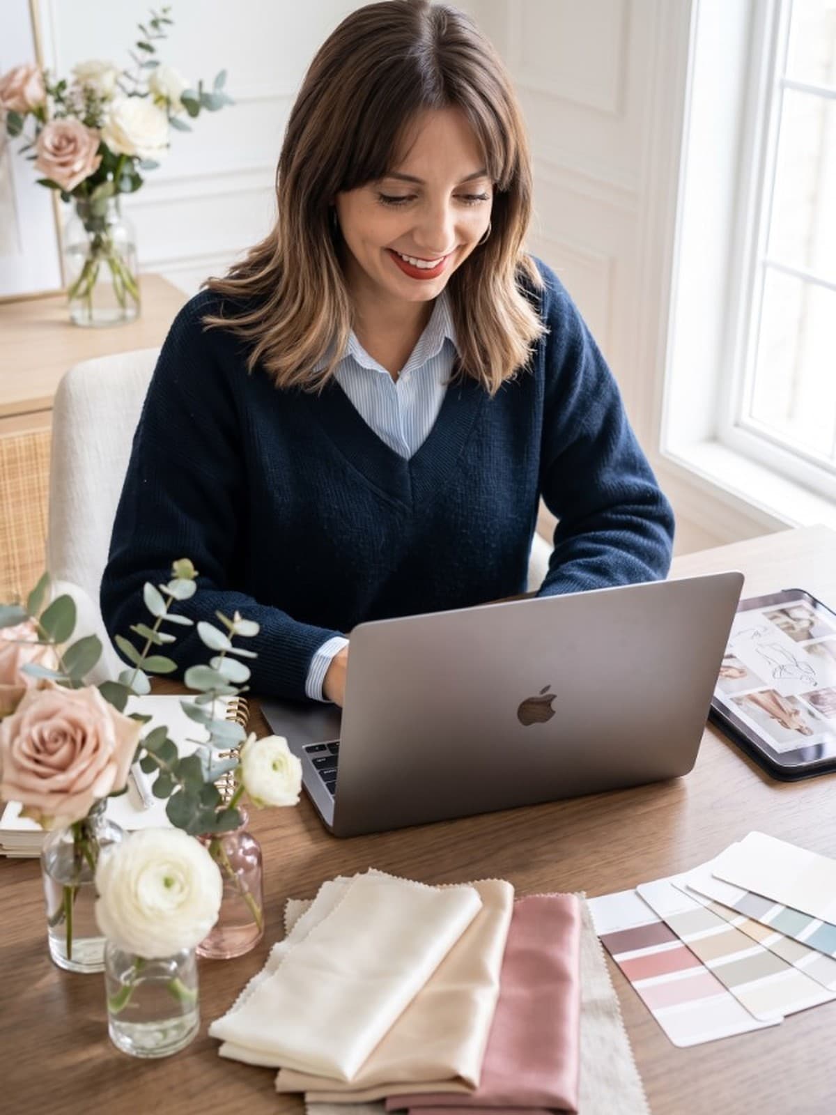 Nine travaillant à son bureau, échantillons de tissus et moodboard à portée de main
